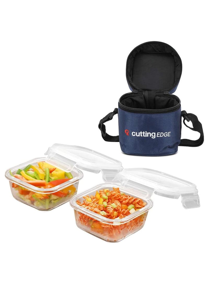 Cutting EDGE Square Glass Food Storage Lunch Box with Break Free Lock and Lunch Bag Microwave Safe High Borosilicate Leak Proof Plain Lid Square Set of 2