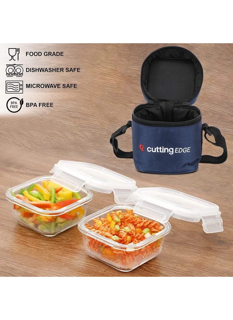 Cutting EDGE Square Glass Food Storage Lunch Box with Break Free Lock and Lunch Bag Microwave Safe High Borosilicate Leak Proof Plain Lid Square Set of 2
