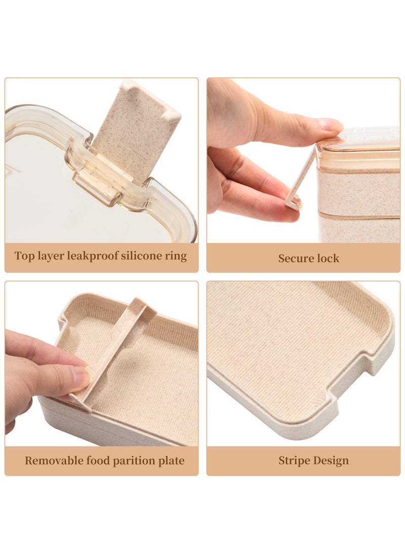 BPA Free Wholesale Selling 750ml Stackable Double Layers 2-In-1 Compartment Wheat Straw Leakproof Bento Lunch Box Containers For Women Office Portable Bento Yellow