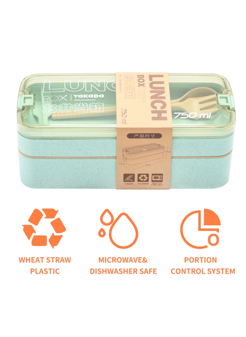 BPA Free Wholesale Selling 750ml Stackable Double Layers 2-In-1 Compartment Wheat Straw Leakproof Bento Lunch Box Containers For Women Office Portable Bento Green