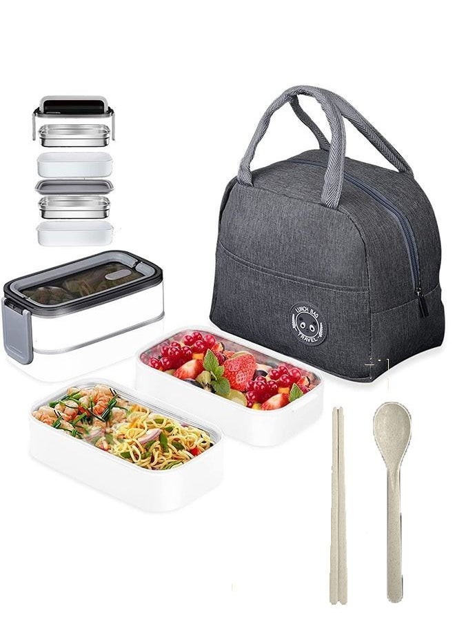 304 Stainless Steel Lunch Box with Divider Leak-Proof for Adults Kids Student School Office 2 Layers Microwavable Heating Portable Grids Bento Food Storage Containers (Grey)