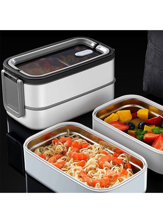304 Stainless Steel Lunch Box with Divider Leak-Proof for Adults Kids Student School Office 2 Layers Microwavable Heating Portable Grids Bento Food Storage Containers (Grey)