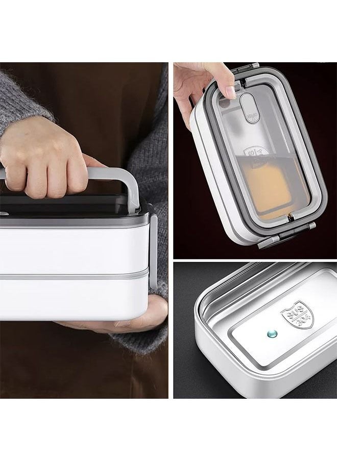 304 Stainless Steel Lunch Box with Divider Leak-Proof for Adults Kids Student School Office 2 Layers Microwavable Heating Portable Grids Bento Food Storage Containers (Grey)