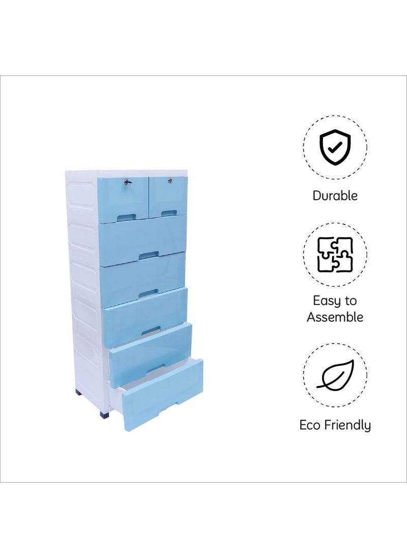 The Tickle Toe Plastic Chest of Drawer For Kids With 7 DrawersMultipurpose Organizer For Boys In Blue ThemeDresser Storage For Small Clothing Toys With 2 LocksL51xW33xH121CmBlue glossy