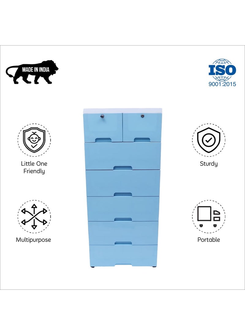 The Tickle Toe Plastic Chest of Drawer For Kids With 7 DrawersMultipurpose Organizer For Boys In Blue ThemeDresser Storage For Small Clothing Toys With 2 LocksL51xW33xH121CmBlue glossy
