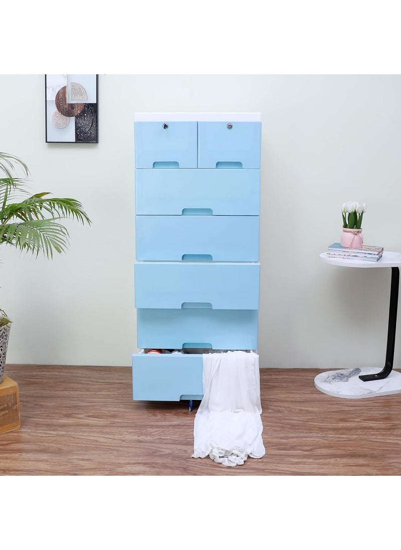 The Tickle Toe Plastic Chest of Drawer For Kids With 7 DrawersMultipurpose Organizer For Boys In Blue ThemeDresser Storage For Small Clothing Toys With 2 LocksL51xW33xH121CmBlue glossy