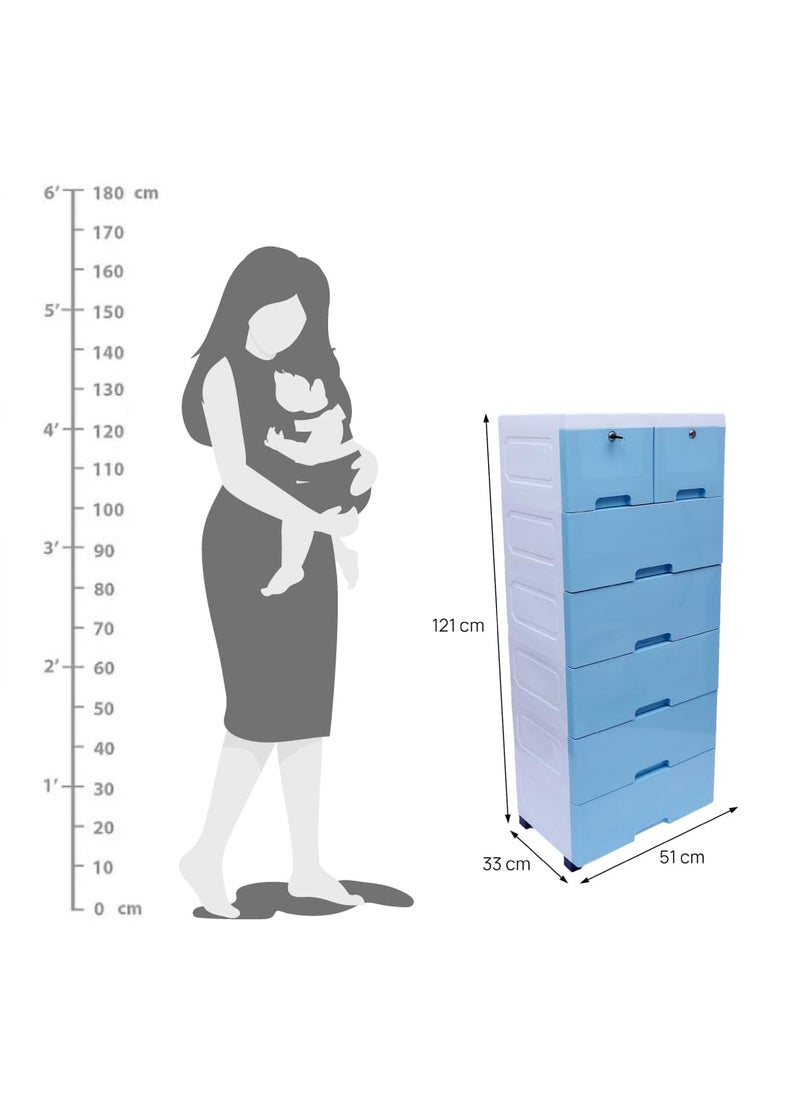 The Tickle Toe Plastic Chest of Drawer For Kids With 7 DrawersMultipurpose Organizer For Boys In Blue ThemeDresser Storage For Small Clothing Toys With 2 LocksL51xW33xH121CmBlue glossy