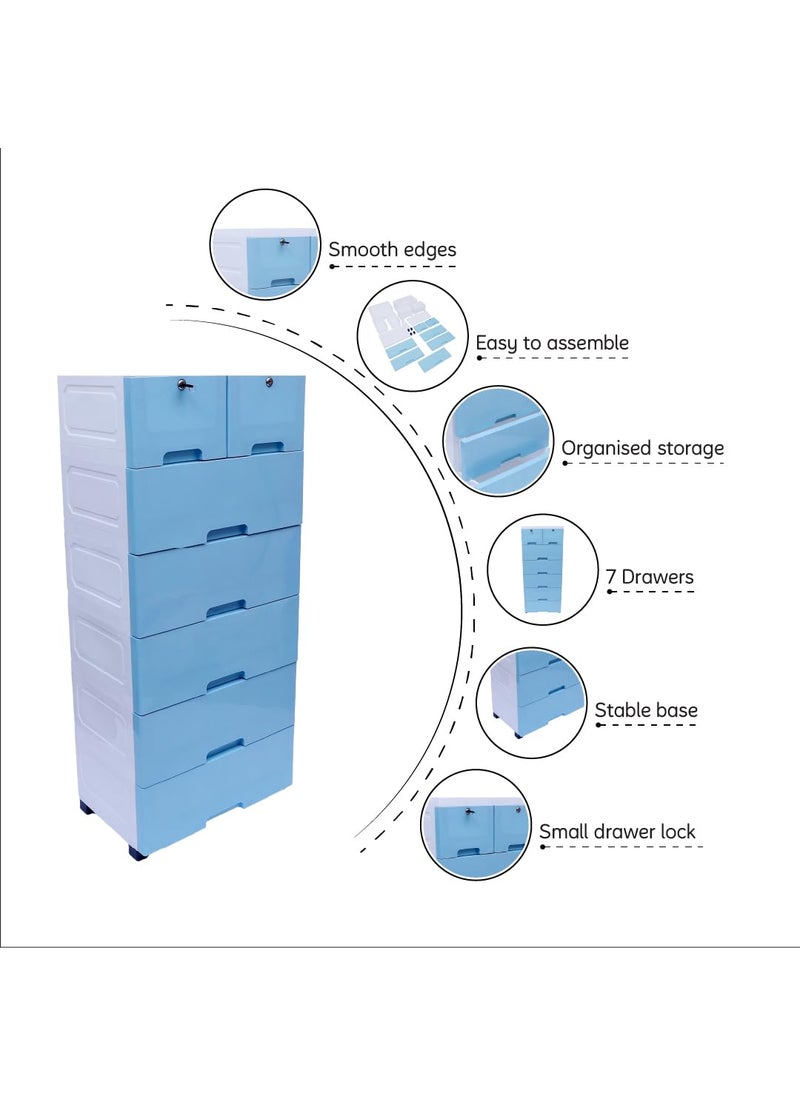 The Tickle Toe Plastic Chest of Drawer For Kids With 7 DrawersMultipurpose Organizer For Boys In Blue ThemeDresser Storage For Small Clothing Toys With 2 LocksL51xW33xH121CmBlue glossy