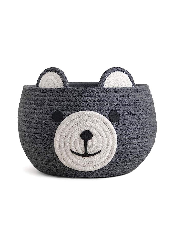 Wisdom Decor Cute Baby Bear Cotton Rope Basket Woven Storage Basket Baby Laundry Basket Nursery Organizers and Storage Baby Hamper Kids Basket Toy Bin Baby Gift Basket Medium Grey