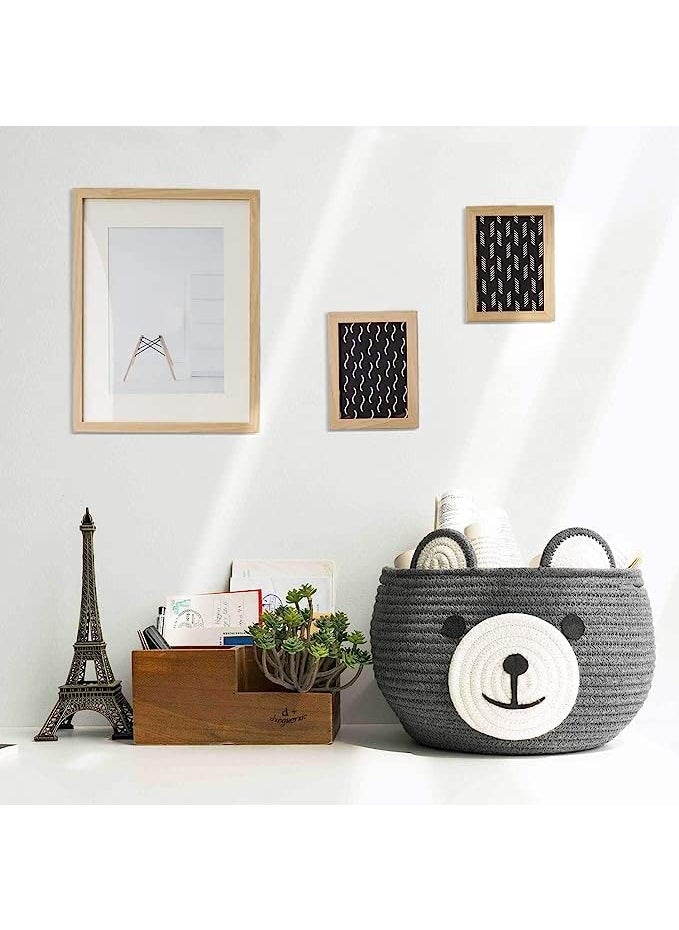 Wisdom Decor Cute Baby Bear Cotton Rope Basket Woven Storage Basket Baby Laundry Basket Nursery Organizers and Storage Baby Hamper Kids Basket Toy Bin Baby Gift Basket Medium Grey
