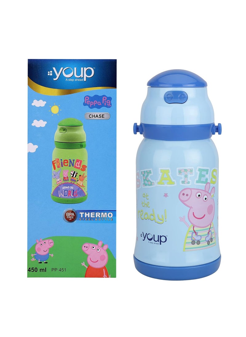 Youp Stainless Steel Blue Color Peppa Pig Kids Insulated Double Wall Sipper Bottle Chase 450ml