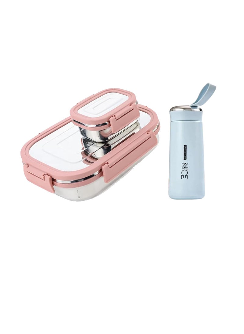 BoldBlossom Stainless Steel Lunch Box Set with Water Bottle Pink Food Containers with LeakProof Lids Blue Insulated Water Bottle Combo Sets BPA Free Tiffin Set with Nice BottleMulticolor