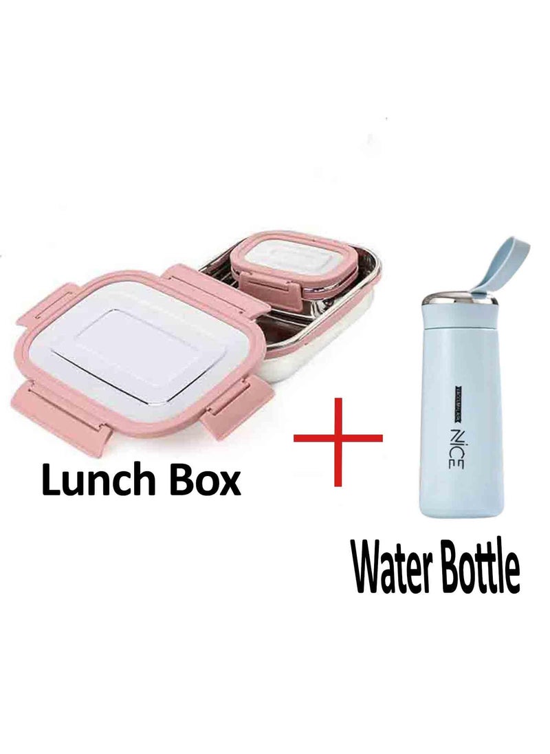 BoldBlossom Stainless Steel Lunch Box Set with Water Bottle Pink Food Containers with LeakProof Lids Blue Insulated Water Bottle Combo Sets BPA Free Tiffin Set with Nice BottleMulticolor
