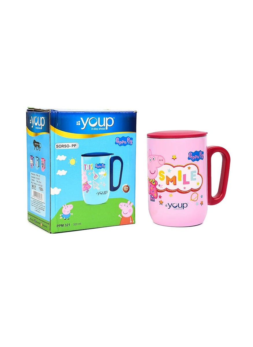YOUP Stainless Steel Pink Color Peppa Pig Smile Kids Insulated Mug with Cap 320 ml