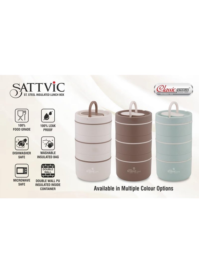Classic Steels Sattvic Insulated Stainless Steel Lunch Box 3 Round Containers 350 ml Each 1 Foldable Spoon Microwave Safe Leak Proof Air Tight Lunch Box Hot Lunch Box