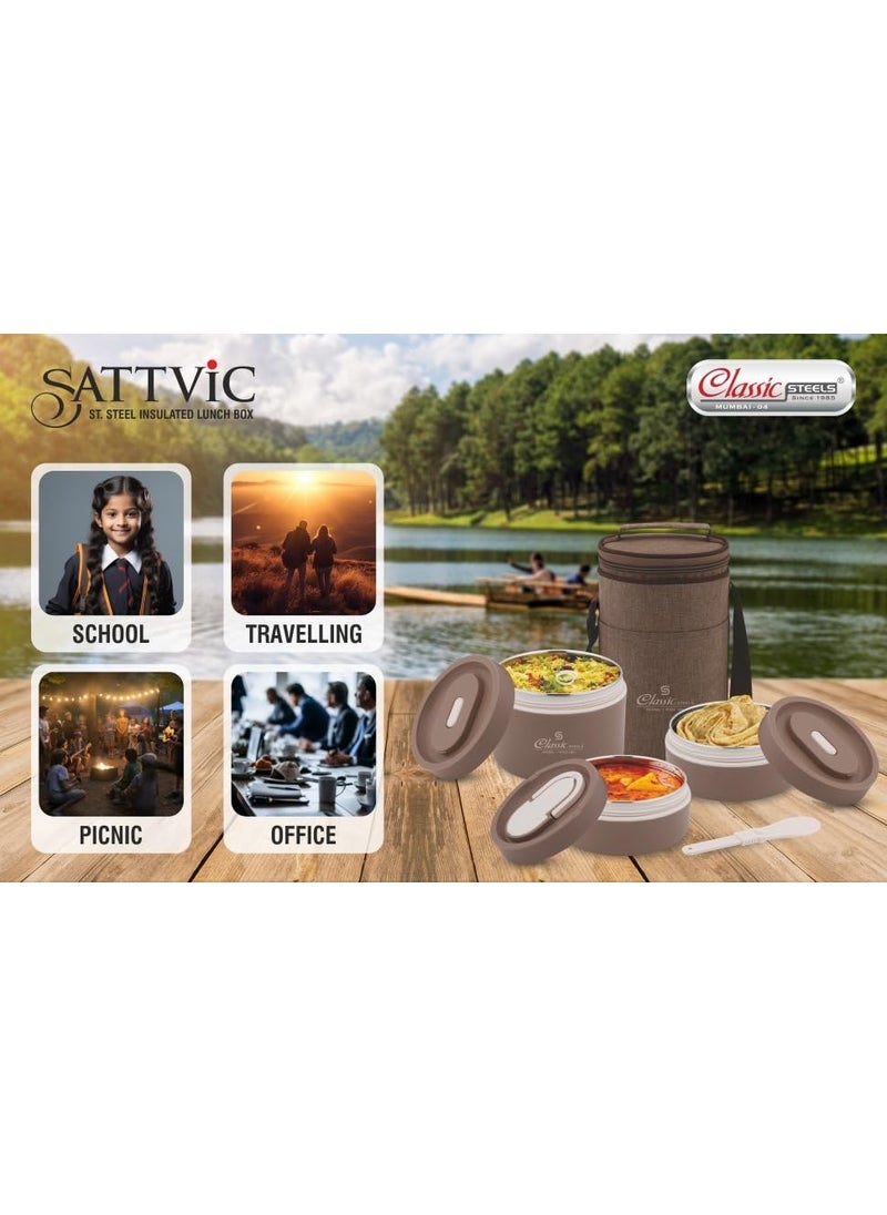 Classic Steels Sattvic Insulated Stainless Steel Lunch Box 3 Round Containers 350 ml Each 1 Foldable Spoon Microwave Safe Leak Proof Air Tight Lunch Box Hot Lunch Box