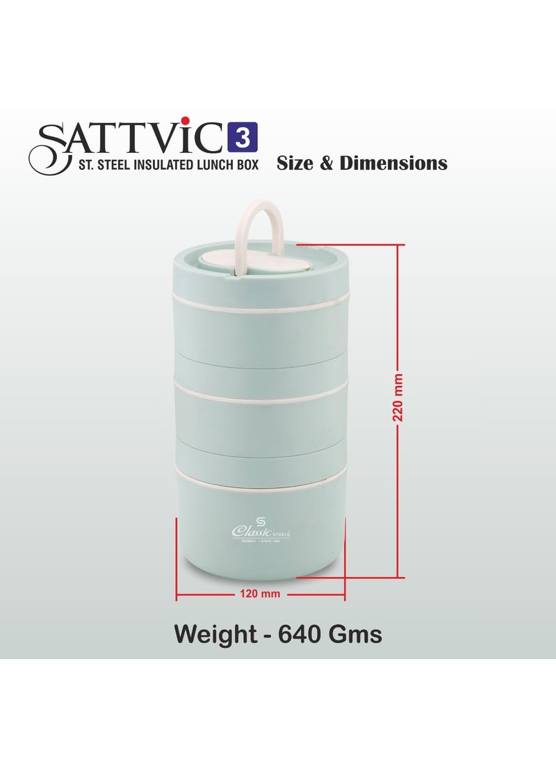 Classic Steels Sattvic Insulated Stainless Steel Lunch Box 3 Round Containers 350 ml Each 1 Foldable Spoon Microwave Safe Leak Proof Air Tight Lunch Box Hot Lunch Box