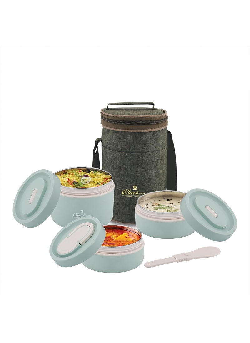 Classic Steels Sattvic Insulated Stainless Steel Lunch Box 3 Round Containers 350 ml Each 1 Foldable Spoon Microwave Safe Leak Proof Air Tight Lunch Box Hot Lunch Box