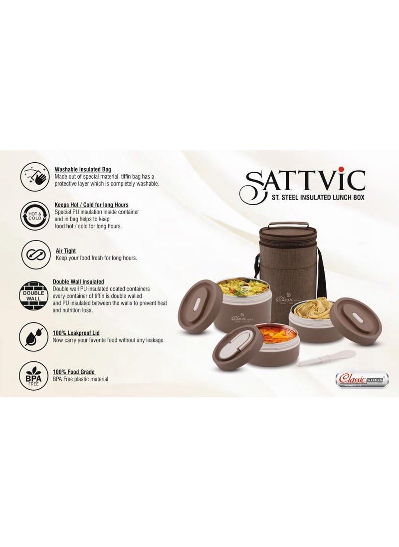 Classic Steels Sattvic Insulated Stainless Steel Lunch Box 3 Round Containers 350 ml Each 1 Foldable Spoon Microwave Safe Leak Proof Air Tight Lunch Box Hot Lunch Box