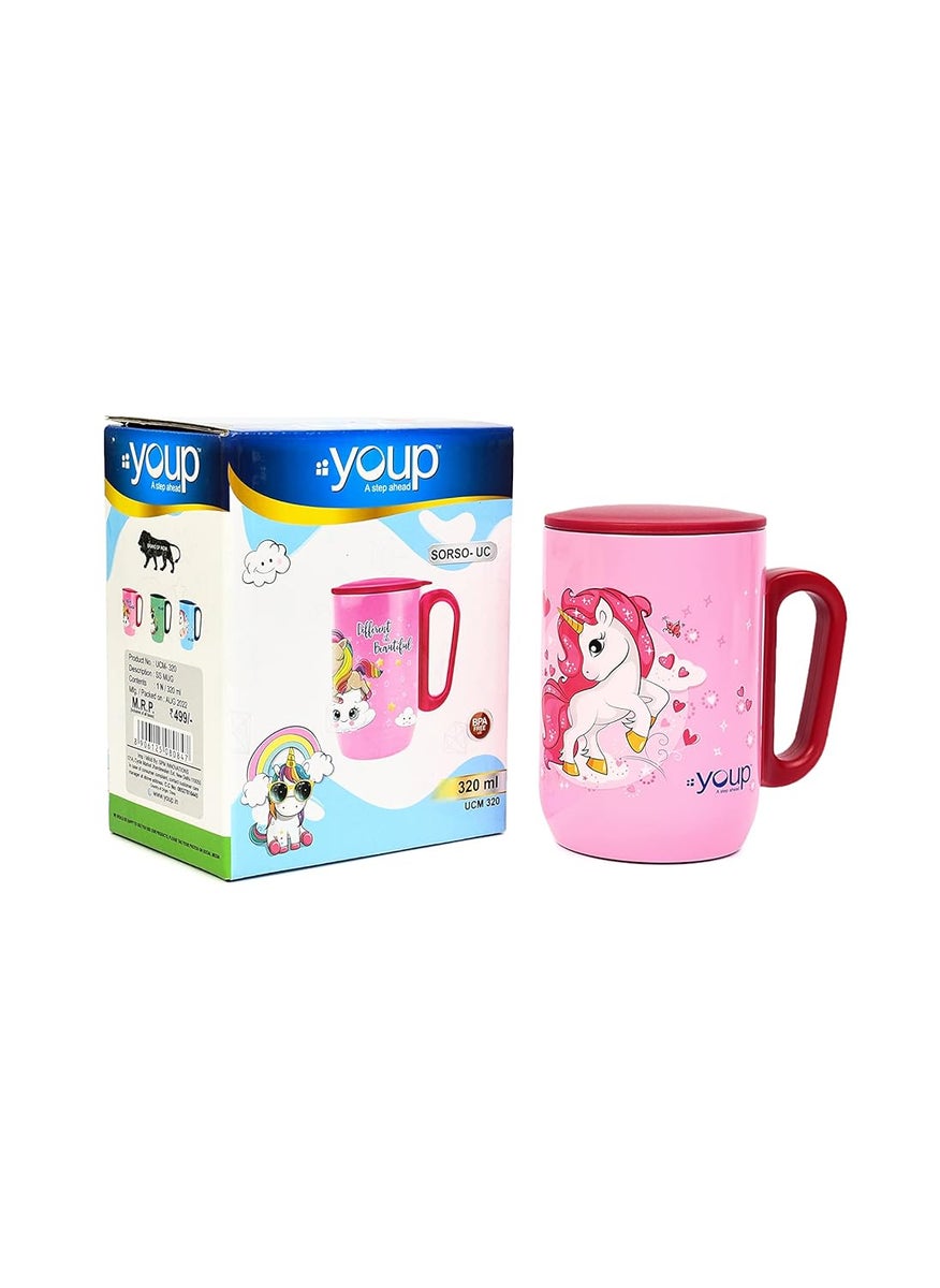 YOUP Stainless Steel Pink Color Unicorn Your Unicorn has Arrived Kids Insulated Mug with Cap 320 ml