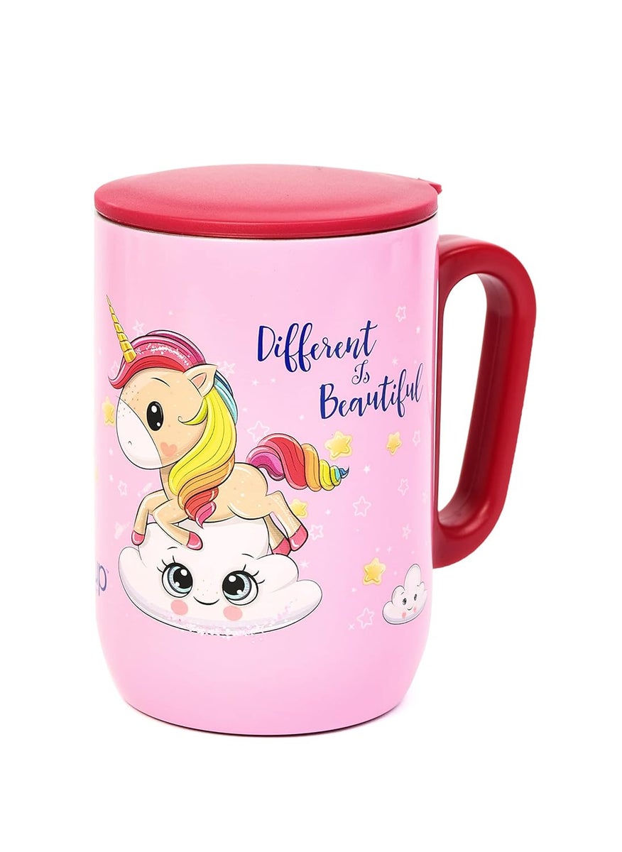 YOUP Stainless Steel Pink Color Unicorn Different is Beautiful Kids Insulated Mug with Cap 320 ml