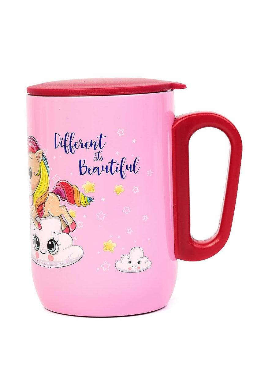 YOUP Stainless Steel Pink Color Unicorn Different is Beautiful Kids Insulated Mug with Cap 320 ml