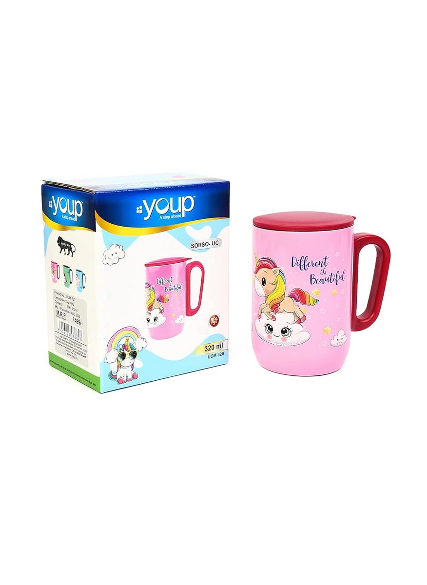 YOUP Stainless Steel Pink Color Unicorn Different is Beautiful Kids Insulated Mug with Cap 320 ml