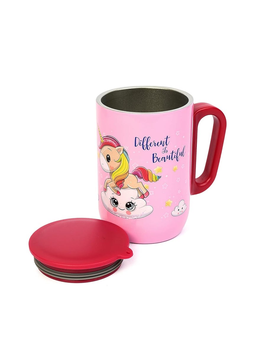 YOUP Stainless Steel Pink Color Unicorn Different is Beautiful Kids Insulated Mug with Cap 320 ml