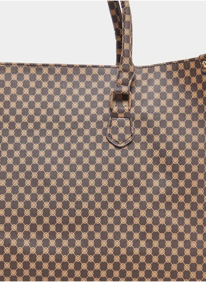 Two Tone Monogram Print Shoulder Bag with Top Handle