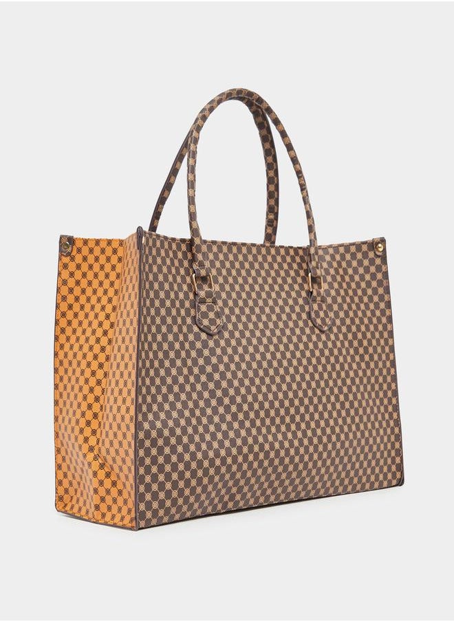 Two Tone Monogram Print Shoulder Bag with Top Handle