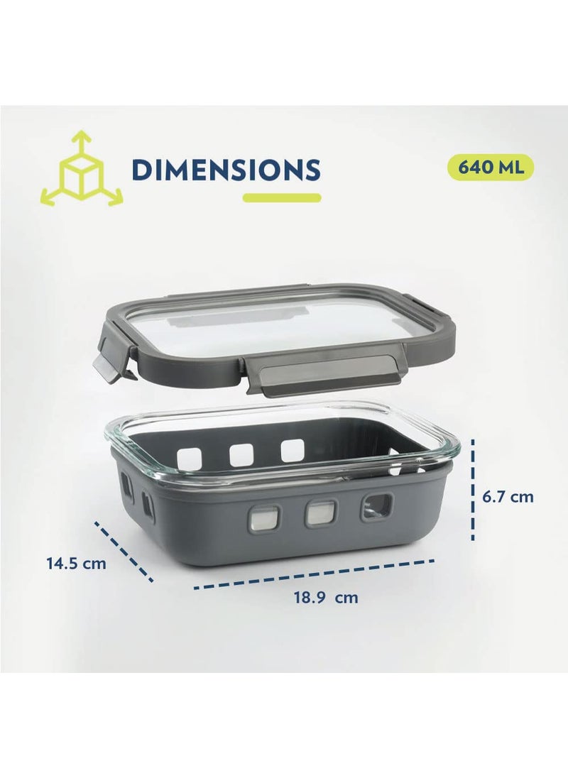 Borosil Klip N Store Plus 2pc Set Rectangle Glass Food Storage Container with Air Tight Glass Lid 640 ml Each Borosilicate Glass Container for Lunchbox Microwave Dishwasher Safe Transparent