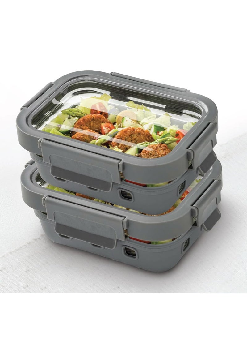 Borosil Klip N Store Plus 2pc Set Rectangle Glass Food Storage Container with Air Tight Glass Lid 640 ml Each Borosilicate Glass Container for Lunchbox Microwave Dishwasher Safe Transparent