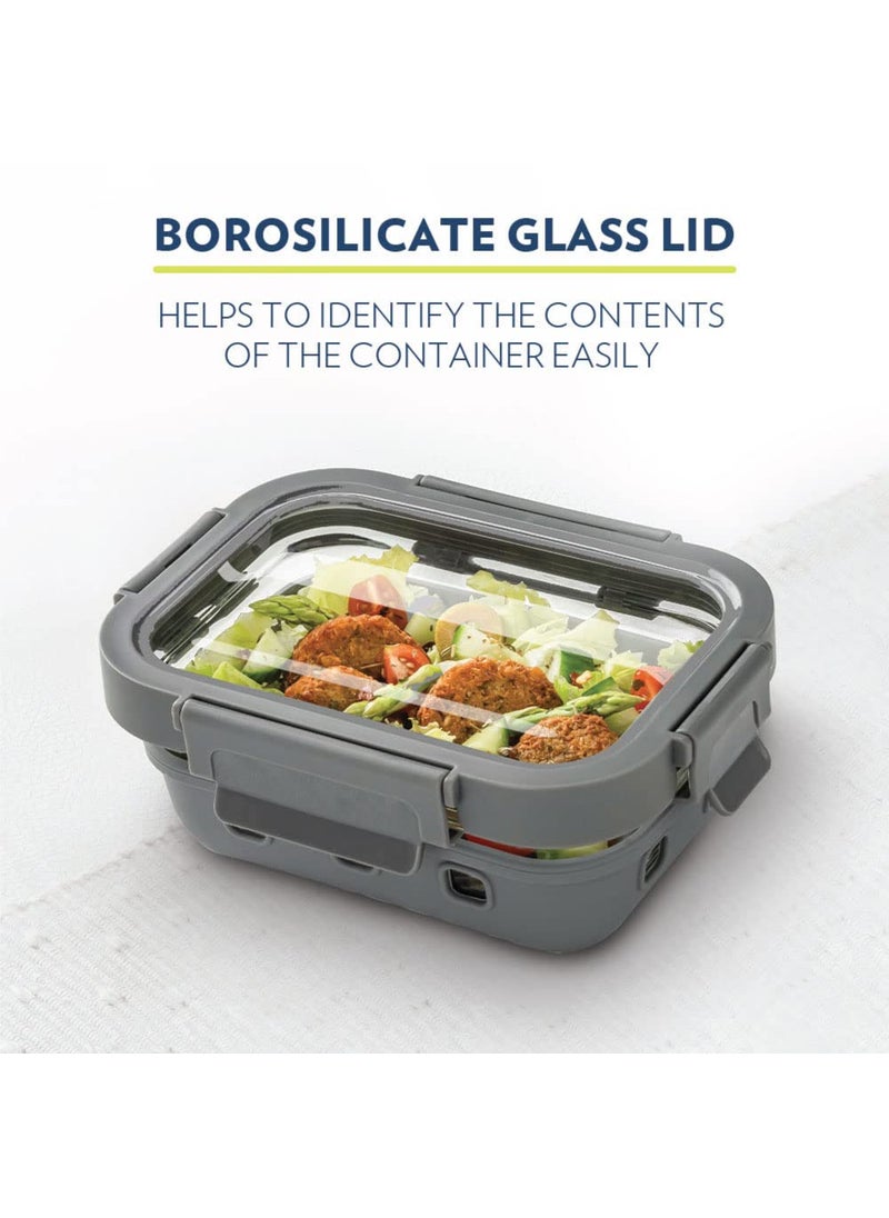 Borosil Klip N Store Plus 2pc Set Rectangle Glass Food Storage Container with Air Tight Glass Lid 640 ml Each Borosilicate Glass Container for Lunchbox Microwave Dishwasher Safe Transparent