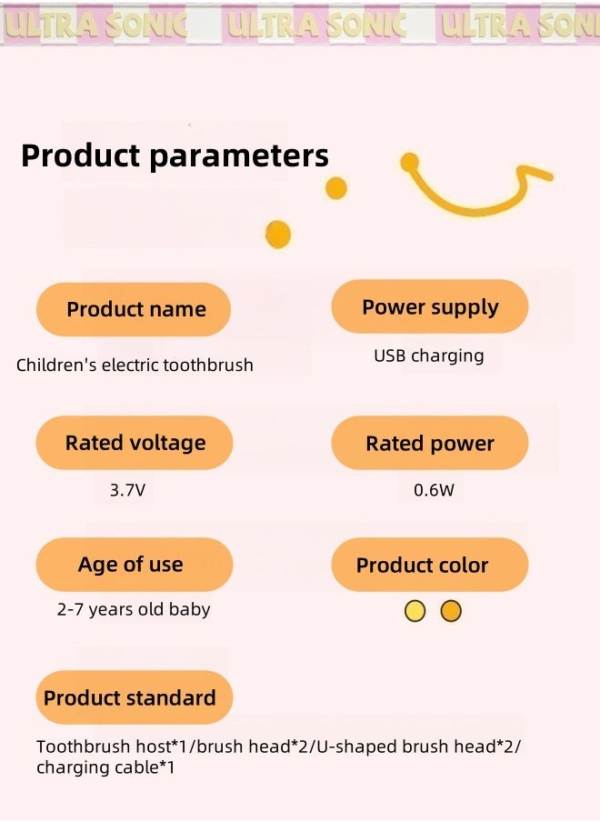 Children's Electric Toothbrush, Cartoon Silicone Soft Bristle Sonic Toothbrush, Five Cleaning Modes, Two-Minute Smart Timer, with 2 U-Shaped Replacement Brushes and 2 Straight Replacement Brushes, Suitable for Children Aged 2-7, IPX7 Waterproof (Orange)
