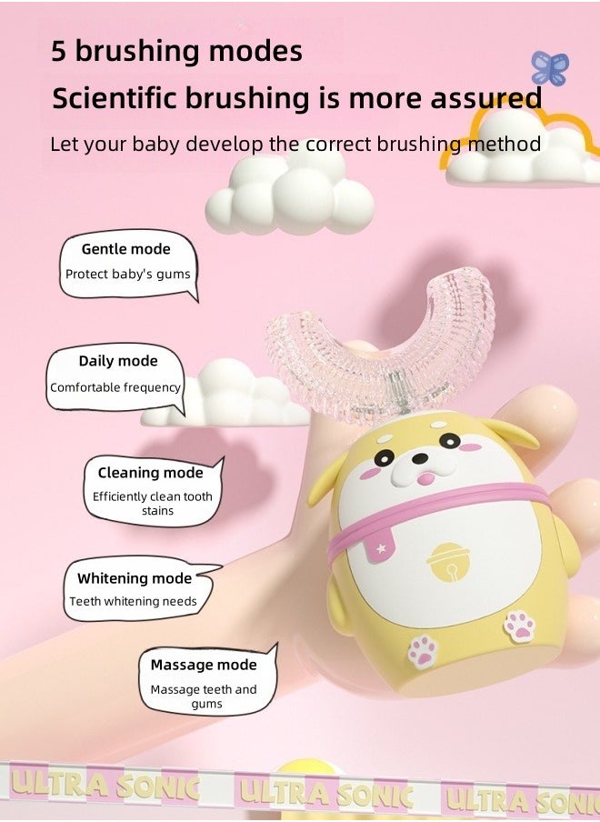 Children's Electric Toothbrush, Cartoon Silicone Soft Bristle Sonic Toothbrush, Five Cleaning Modes, Two-Minute Smart Timer, with 2 U-Shaped Replacement Brushes and 2 Straight Replacement Brushes, Suitable for Children Aged 2-7, IPX7 Waterproof (Orange)