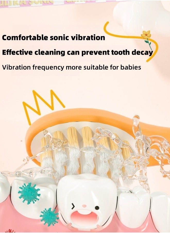 Children's Electric Toothbrush, Cartoon Silicone Soft Bristle Sonic Toothbrush, Five Cleaning Modes, Two-Minute Smart Timer, with 2 U-Shaped Replacement Brushes and 2 Straight Replacement Brushes, Suitable for Children Aged 2-7, IPX7 Waterproof (Orange)