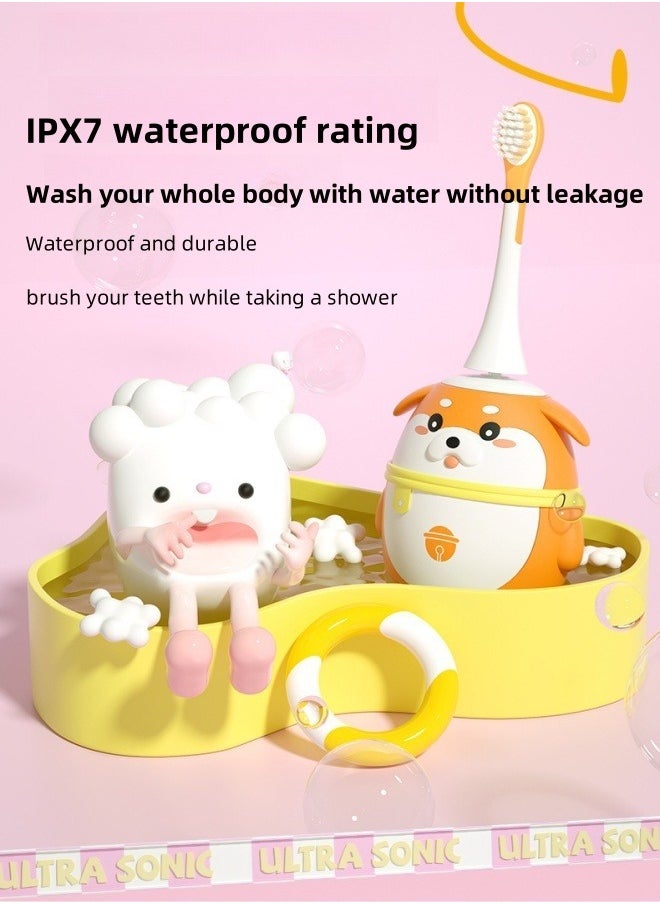 Children's Electric Toothbrush, Cartoon Silicone Soft Bristle Sonic Toothbrush, Five Cleaning Modes, Two-Minute Smart Timer, with 2 U-Shaped Replacement Brushes and 2 Straight Replacement Brushes, Suitable for Children Aged 2-7, IPX7 Waterproof (Orange)