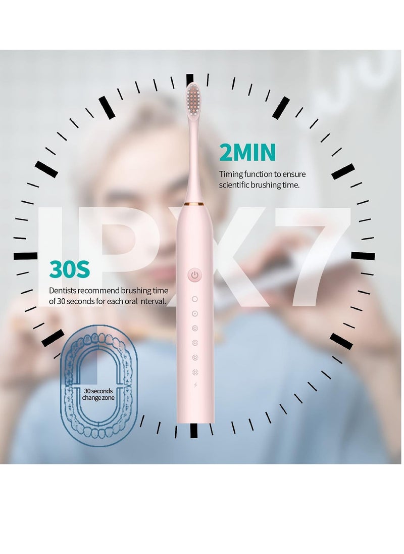 specton Electric Toothbrushes, USB Rechargeable Ultrasonic Tooth Brush with 4 Brush Heads 6 Cleaning Modes and Smart Timer IPX7 Waterproof Cleaning Toothbrushes for Adults and Kids(Pink)