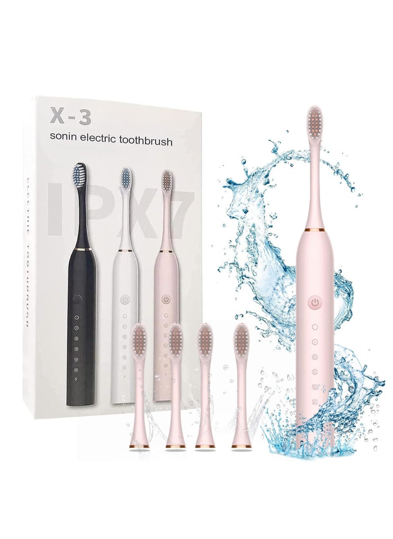 specton Electric Toothbrushes, USB Rechargeable Ultrasonic Tooth Brush with 4 Brush Heads 6 Cleaning Modes and Smart Timer IPX7 Waterproof Cleaning Toothbrushes for Adults and Kids(Pink)