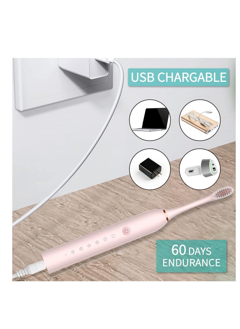 specton Electric Toothbrushes, USB Rechargeable Ultrasonic Tooth Brush with 4 Brush Heads 6 Cleaning Modes and Smart Timer IPX7 Waterproof Cleaning Toothbrushes for Adults and Kids(Pink)