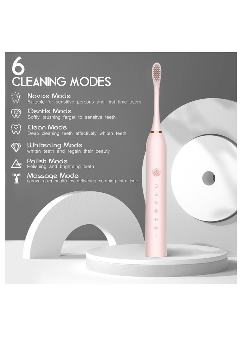 specton Electric Toothbrushes, USB Rechargeable Ultrasonic Tooth Brush with 4 Brush Heads 6 Cleaning Modes and Smart Timer IPX7 Waterproof Cleaning Toothbrushes for Adults and Kids(Pink)