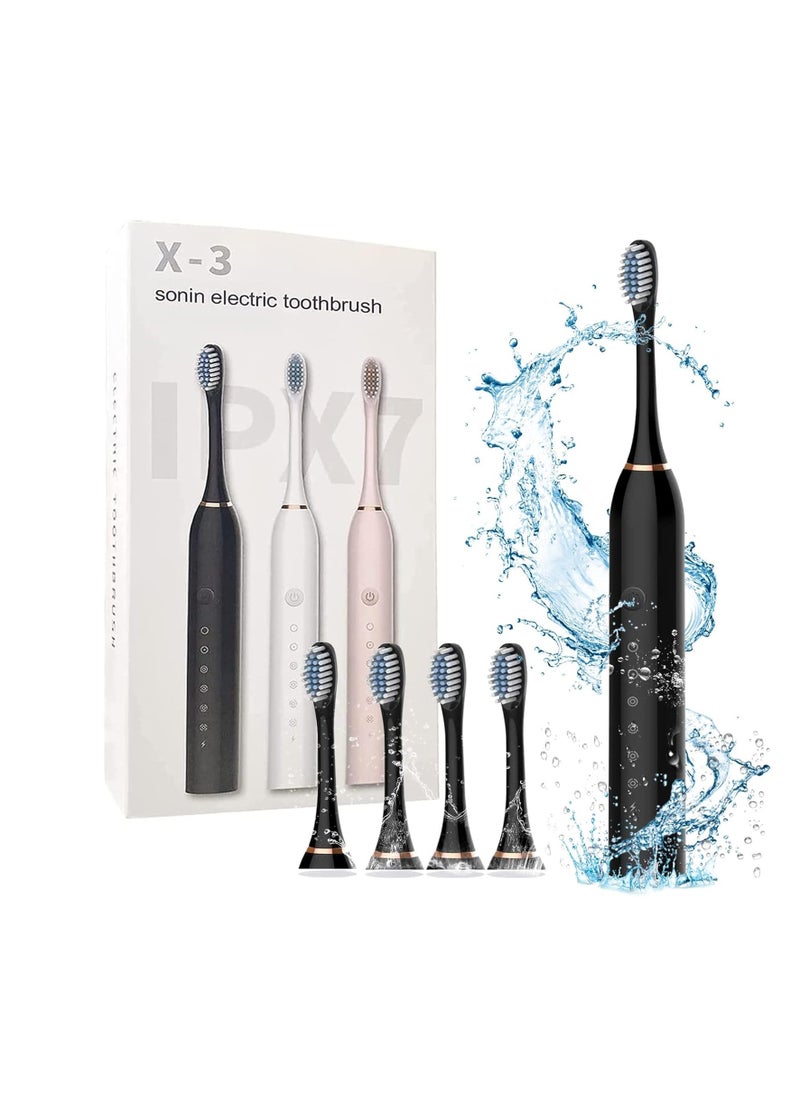 specton Electric Toothbrushes, USB Rechargeable Ultrasonic Tooth Brush with 4 Brush Heads 6 Cleaning Modes and Smart Timer IPX7 Waterproof Cleaning Toothbrushes for Adults and Kids（Black）