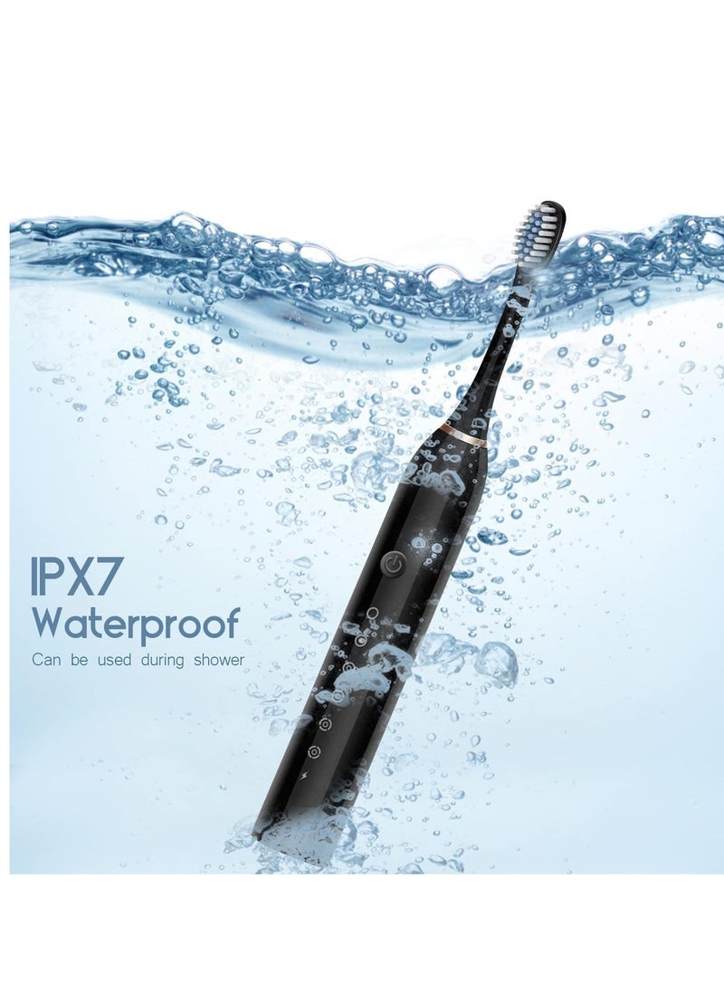 specton Electric Toothbrushes, USB Rechargeable Ultrasonic Tooth Brush with 4 Brush Heads 6 Cleaning Modes and Smart Timer IPX7 Waterproof Cleaning Toothbrushes for Adults and Kids（Black）