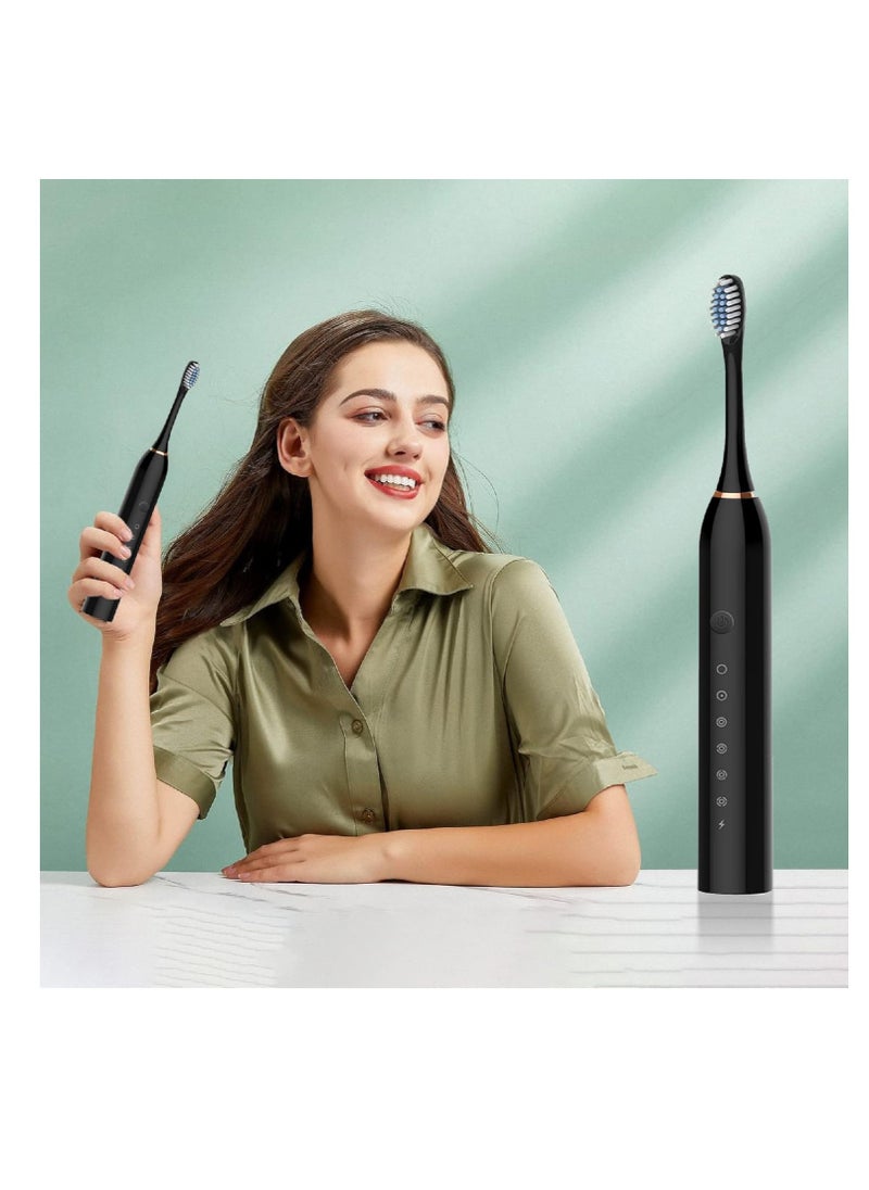 specton Electric Toothbrushes, USB Rechargeable Ultrasonic Tooth Brush with 4 Brush Heads 6 Cleaning Modes and Smart Timer IPX7 Waterproof Cleaning Toothbrushes for Adults and Kids（Black）
