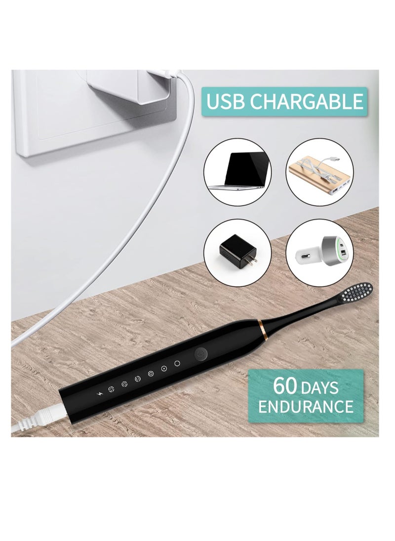 specton Electric Toothbrushes, USB Rechargeable Ultrasonic Tooth Brush with 4 Brush Heads 6 Cleaning Modes and Smart Timer IPX7 Waterproof Cleaning Toothbrushes for Adults and Kids（Black）