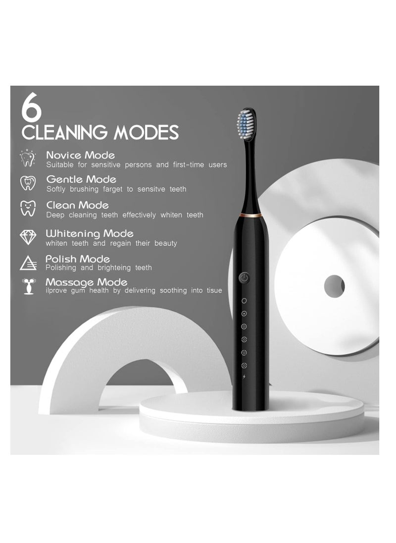 specton Electric Toothbrushes, USB Rechargeable Ultrasonic Tooth Brush with 4 Brush Heads 6 Cleaning Modes and Smart Timer IPX7 Waterproof Cleaning Toothbrushes for Adults and Kids（Black）