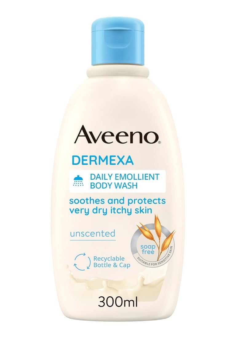 Aveeno Dermexa Daily Emollient Body Wash, With Soothing Oat Complex and Ceramides, Suitable For Sensitive Skin, Soothes & Protects Very Dry Itchy Skin, Unscented, Soap Free, 300ml