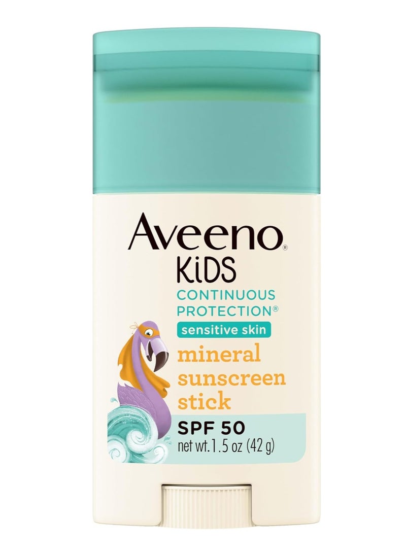 Aveeno Kids Continuous Protection Zinc Oxide Mineral Sunscreen Stick for Sensitive Skin, Face & Body Sunscreen Stick for Kids with Broad Spectrum SPF 50, Sweat- & Water-Resistant, 1.5 oz
