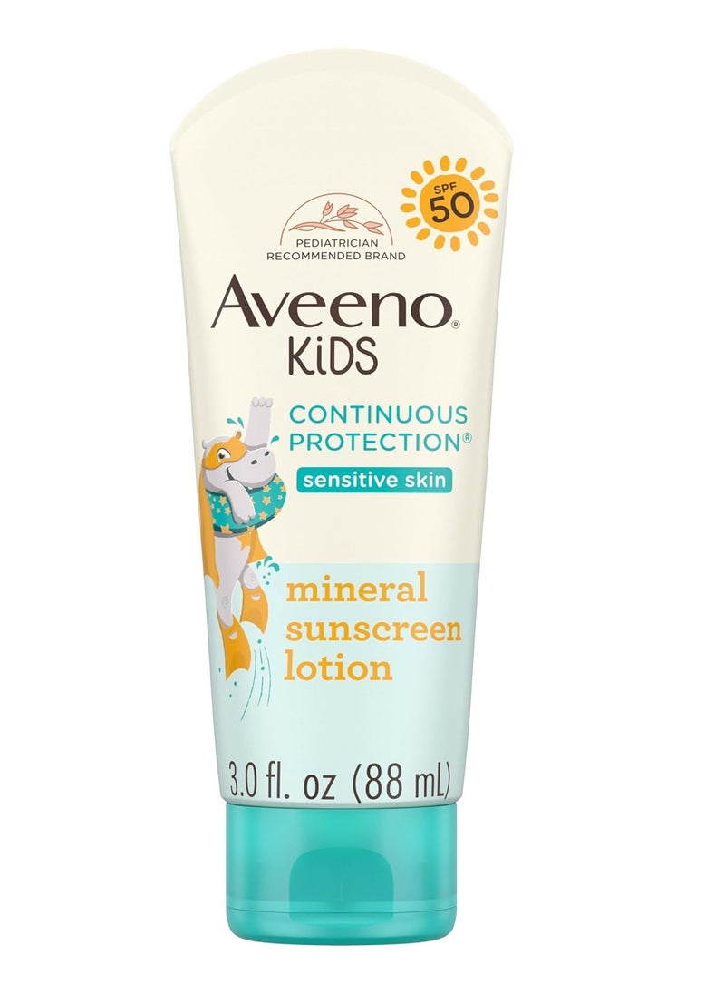 Aveeno Kids Continuous Protection Zinc Oxide Mineral Sunscreen Lotion for Children's Sensitive Skin with Broad Spectrum SPF 50, Tear-Free, Sweat- & Water-Resistant, 3 fl. oz