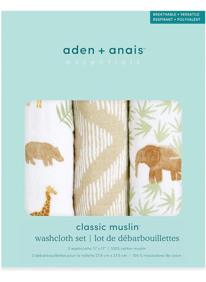 aden + anais Essentials Classic Washcloth Set, Super Soft 100% Cotton Muslin, 3-Pack, Tanzania